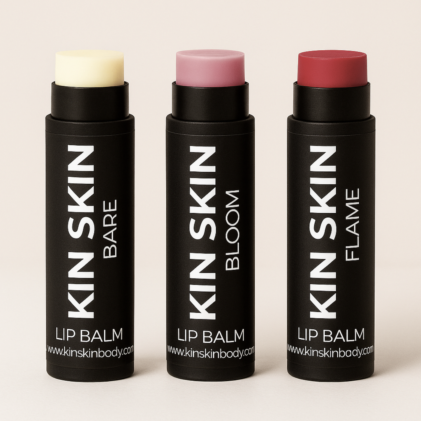 Kin Skin Bare, Bloom & Flame, clean tallow lip balms in eco-friendly tubes
