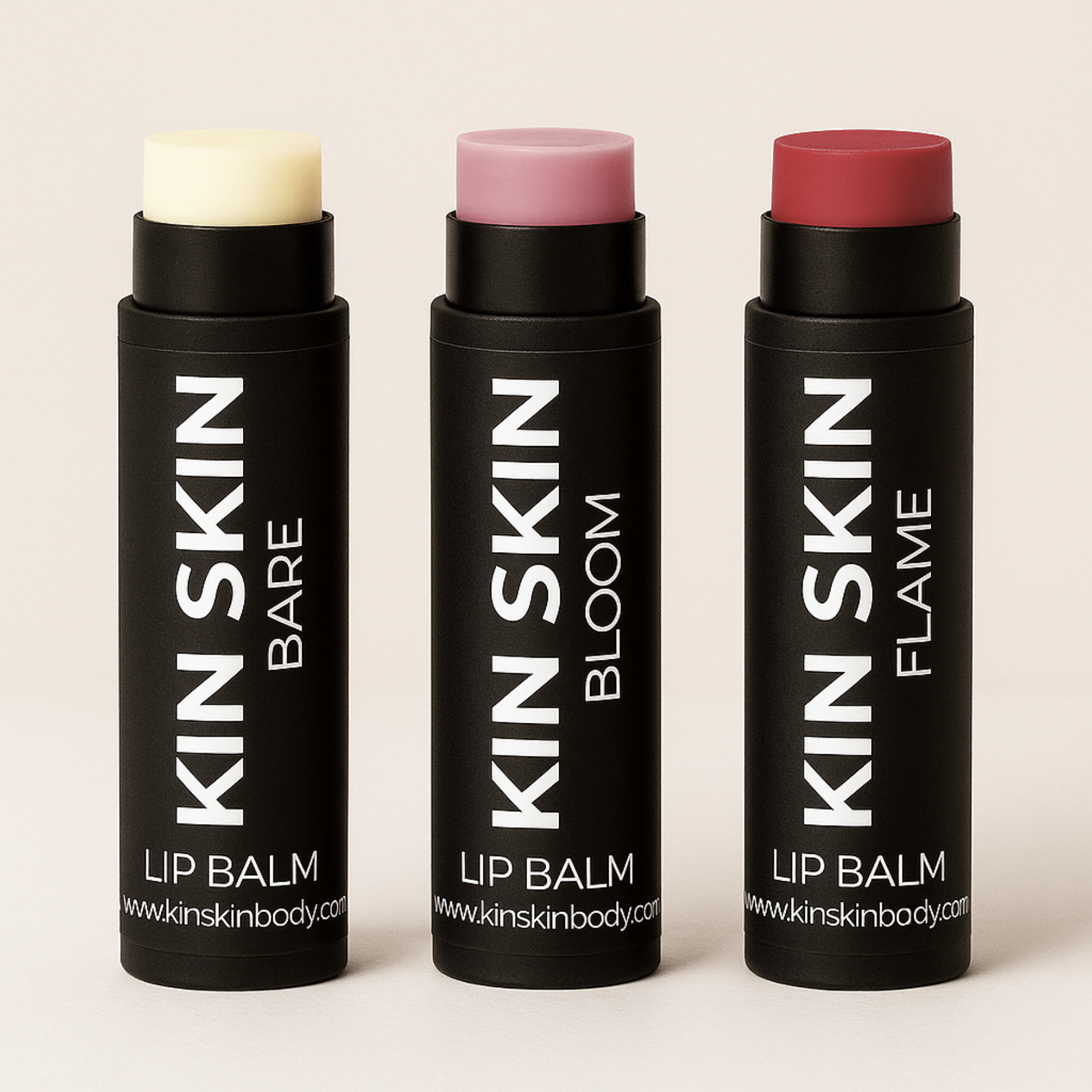 Kin Skin Bare, Bloom & Flame, clean tallow lip balms in eco-friendly tubes
